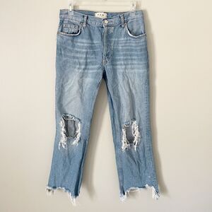Free People Size 27 Mid Rise Ripped Knees Frayed Straight Leg Jeans